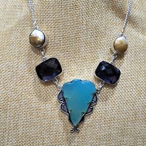 Chalcedony necklace, amethyst, pearl, 925 silver gemstone necklace